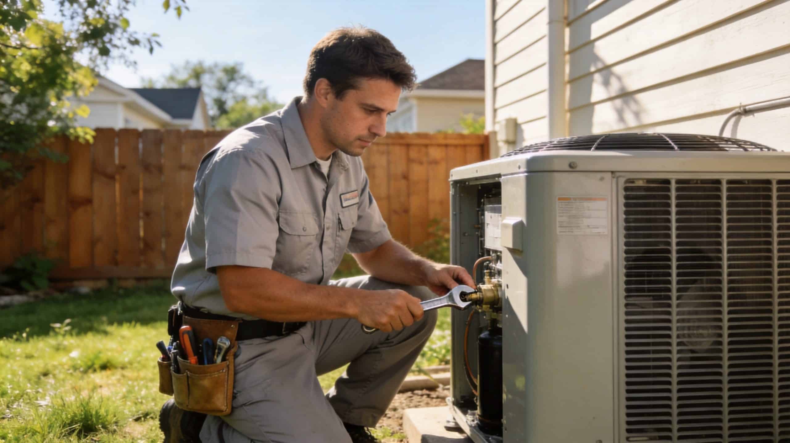 high-converting AC repair page - Photorealistic 16:9 photo of an HVAC technician in a clean uniform repairing an outdoor air conditio
