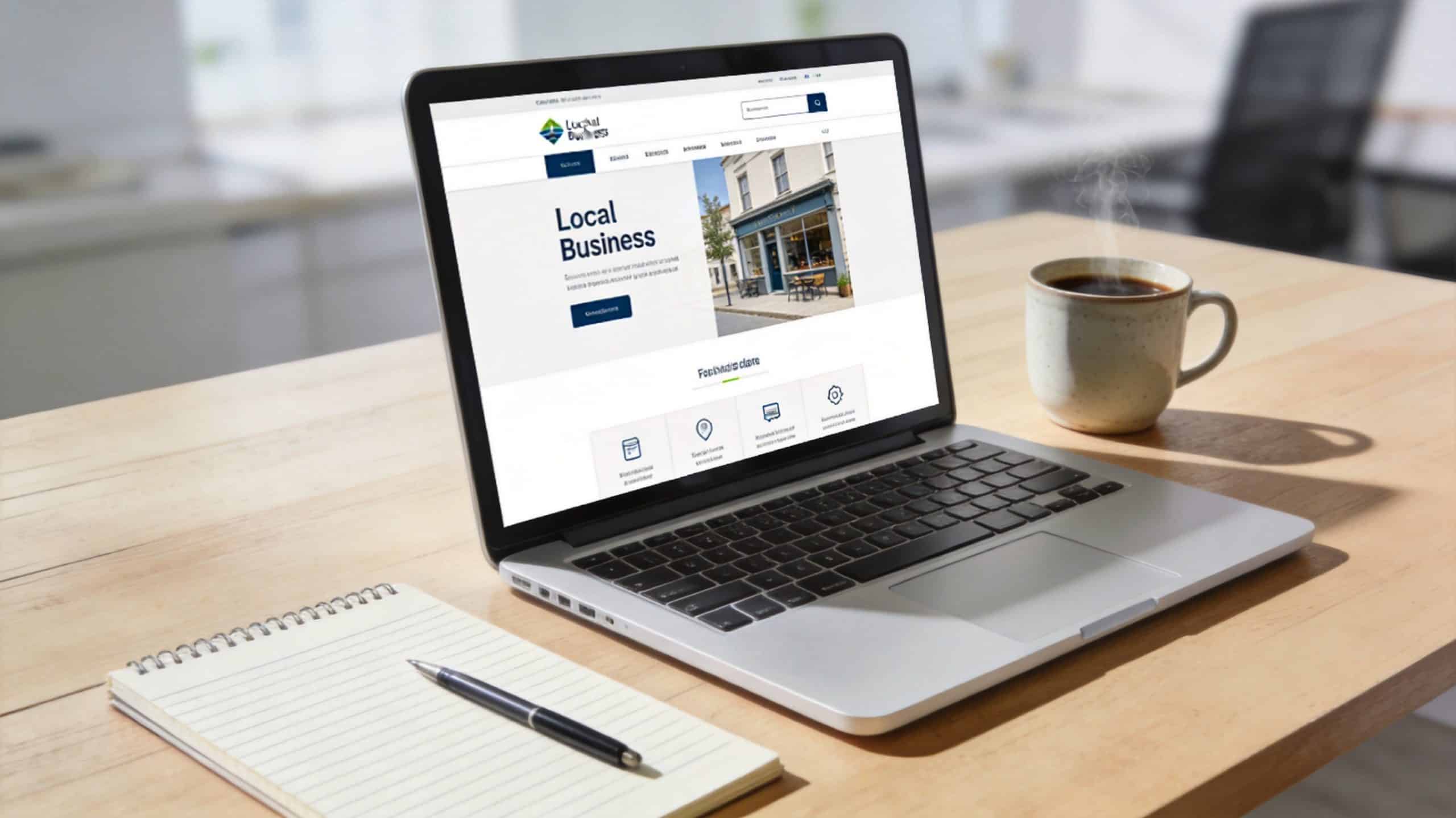 Photorealistic 16:9 photo of a laptop on a desk showing a clean local business website homepage (high-converting AC repair page)